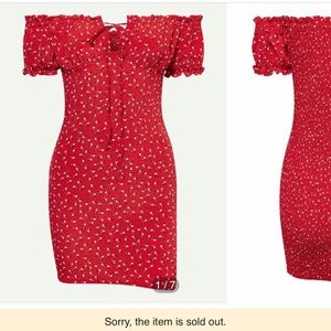 SOLDFrill off shoulder ditsy floral shirred red mini dress size Large